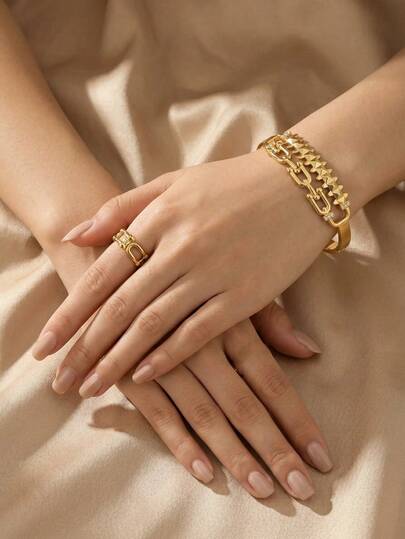 2/1pc Golden Jewelry Set, Stylish And Graceful Stainless Steel Bangle And Ring, Crafted For Joyful Dating, Dynamic Party Events, Daily Campus Commutes, And Warm Gifting, With A High-Gloss Polished Surface That Delivers A Sleek And Modern Look, Featuring A U-Link Pattern With Spherical Accents On Both The Bangle And Ring, Non-Fading And Easy To Maintain, Perfect For Fashion-Loving Students To Enhance Their Style In Classroom, Library Or Party Settings