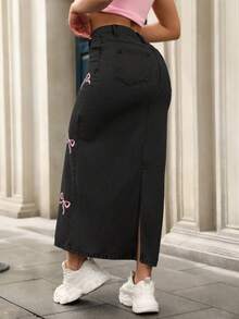 Mobula Sound# 中东春夏Y2K性感音乐节学生学院休闲度假时尚可爱蝴蝶结刺绣紧身牛仔长裙 - 普洗黑 - 查看 7