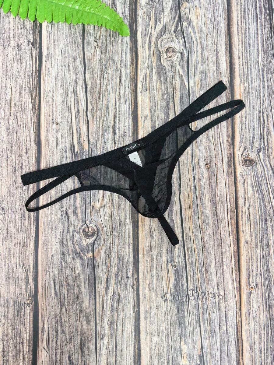 DomiGe 1件性感黑色网纱低腰前镂空男士性感丁字裤 - 黑色 - 查看 1