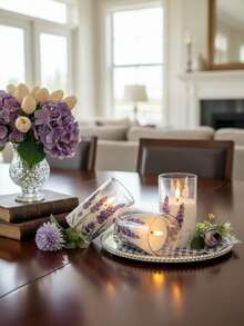 3-Piece Flameless Candle Set With Remote Control, Battery-Powered, Purple Lavender Twinkling LED Candles, Floral Christmas Decorations, Electric Column Candles. - Họa tiết hoa oải hương - Xem 5