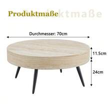 Round Coffee Table With A 70 Cm Diameter In Light Travertine Wood Look (MDF) And Black Metal Legs. Minimalist Design, Ideal For Living Rooms And Small Spaces. - Khaki - View 2
