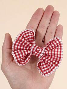 2pcs Red & White Plaid Girls Hair Clips, Fabric Nylon Lace Decorated Hair Accessories, Fashion Hair Accessories, Suitable For Spring/Summer Party Gifts - Red - View 3