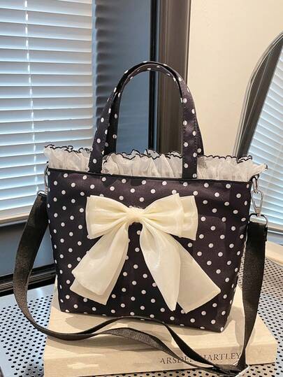 Polka Dot Handbag, Fashionable Cute Women's Small Purse, Decorated With Bow & Lace Trim, Lightweight Shoulder Crossbody Bag, Suitable For School, Shopping, Daily Use, Teens