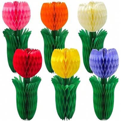 6件装郁金香蜂窝装饰品，3D郁金香蜂窝春季家居办公室花园母亲节装饰