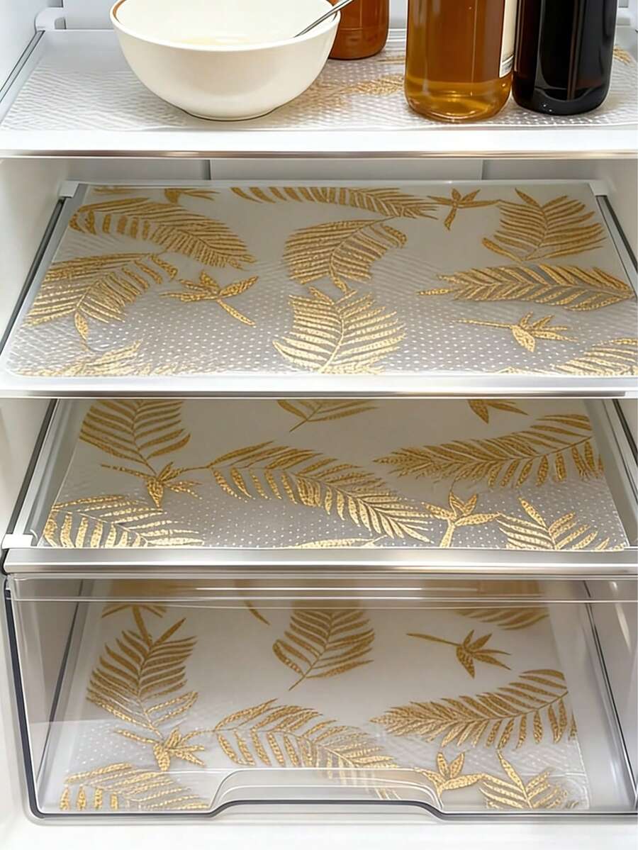 4片装优质冰箱防潮垫 - 可水洗厨房冰箱垫，吸湿垫，抽屉垫，创意金箔设计，可定制防油橱柜和抽屉垫。易于清洁 - 防滑垫，适用于搁架、冰箱、橱柜、墙纸、餐垫、餐桌、厨房配件、食品储藏室、储物、家居用品、母亲节礼物、卧室装饰、花园、厨房装饰、夏季、海滩、旅行必备、房间装饰、软萌、毕业季