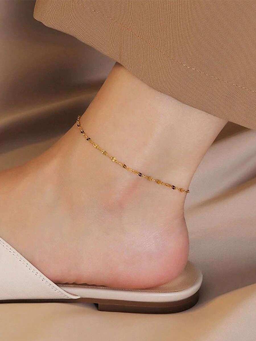 1件S925纯银镀14K金瓷砖链脚链，简约奢华ins风独特设计，女士脚部饰品 - 金色 - 查看 1