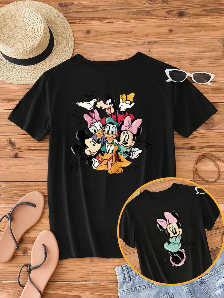 Disney Women Black Casual Cotton Short Sleeve Regular Length Round Neck T-Shirt With Mickey Mouse And Friends Print - màu đen - Xem 1