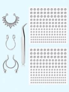6pcs/Set Fake Nose Ring Fake Septum Piercing Non Piercing Clip On Septum, Stick On Fake Nose Ring Eyebrow Ring Lip Ring No Pierced With Tweezers For Women Men Daily Wear DIY Fashion - Non Piercing Jewelry - View 1