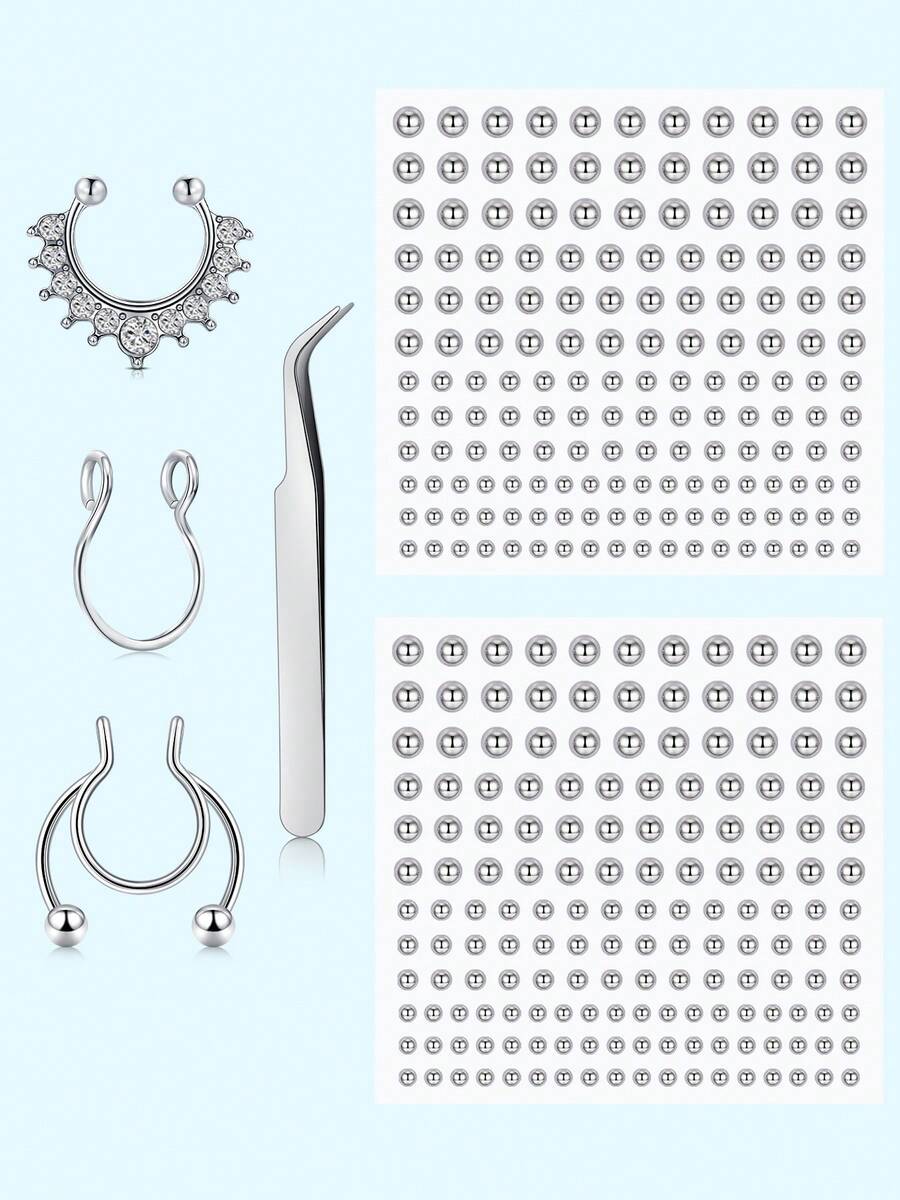 6pcs/Set Fake Nose Ring Fake Septum Piercing Non Piercing Clip On Septum, Stick On Fake Nose Ring Eyebrow Ring Lip Ring No Pierced With Tweezers For Women Men Daily Wear DIY Fashion - Non Piercing Jewelry - View 1