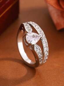 时尚双层水滴几何戒指，女士订婚及结婚珠宝礼物 - 白色 - 查看 3