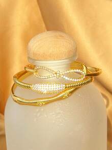 3pcs Gold-Plated Bangle Set | Bow & CZ Textured Bracelets | Bohemian Luxury Jewelry For Women - Multicolor - View 4