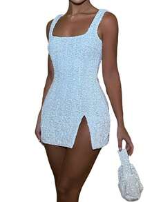 Women's Sequin Sparkly Glitter Short Dress Sexy Slit Sleeveless Backless Party Club Bodycon Mini Dress - 白色 - 查看 1
