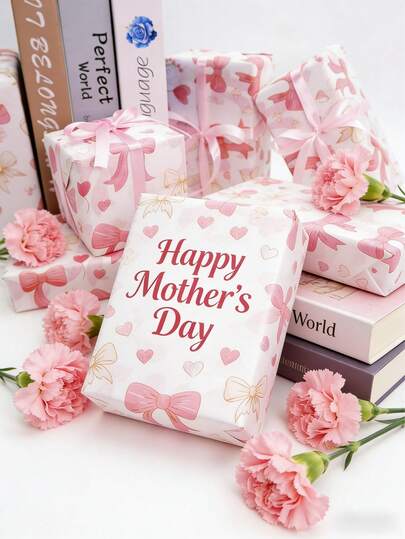 50pcs Light Pink Bow Heart Printed Gift Wrapping Paper, Suitable For Birthday, Wedding, Bridal Shower, Mother's Day, Party Favors, DIY Crafts, Gift Bags, Gift Baskets, Bouquets, Perfect For Party Favors, Birthday Party Supplies, Indoor And Outdoor DIY Decor