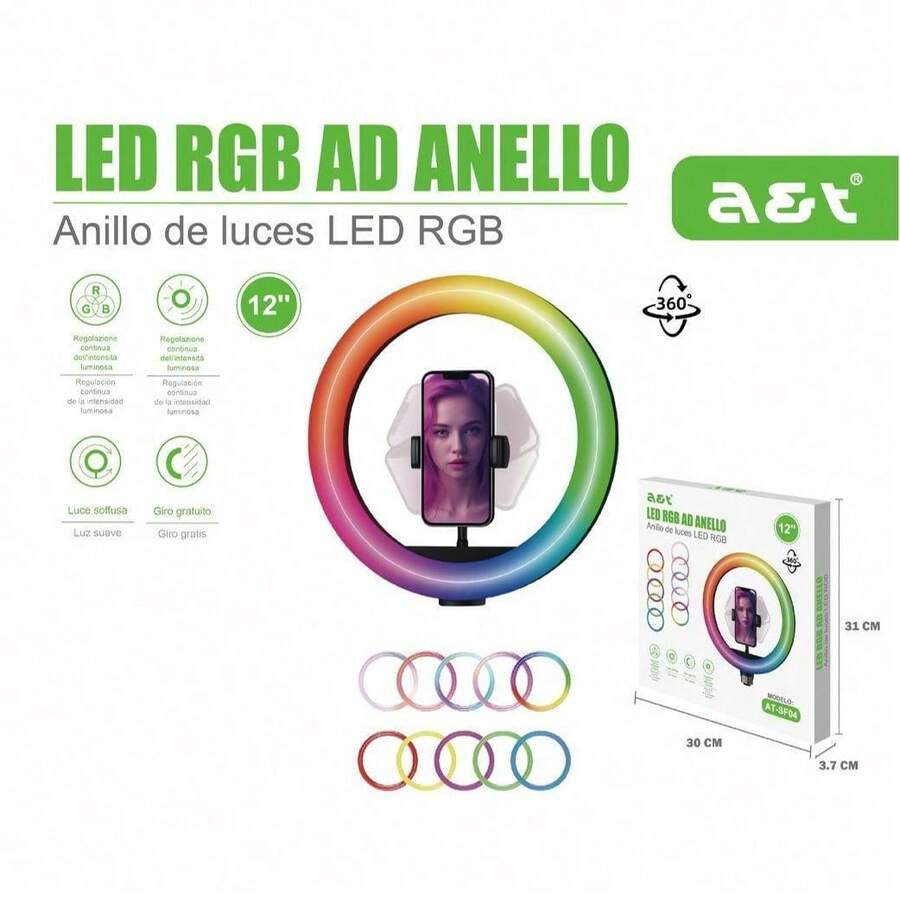 Anillo de Luz LED RGB 10/12 Pulgadas Luz de Relleno para Streaming Belleza Selfie Iluminación Suave Colorido Regulable - Multicolor - Ver 1