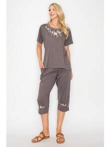 Women Short Sleeves Embroidered Cotton Blend Lounge Wear  Sets - D.Grey - View 3