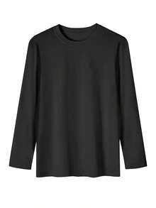 Printed Pattern And Lettering, Thick 100% Pure Cotton, Unisex, Long-Sleeved Casual Wear For Spring And Autumn, Street Design, Versatile, Casual Innerwear For Winter, Cotton Round Neck, Slightly Stretchy, Breathable, Casual And Comfortable, Simple, Perfect As A Gift, High Quality Material. - Black - View 3