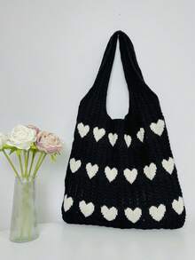 Heart Pattern Knitted Casual Daily Shoulder Bag, Fashionable Matching Crossbody Bag For Women - Multicolor - View 5