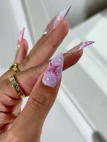 24Pcs Long Stiletto Press On Nails Pink Purple Gradient Flower Nail Art With Pearls & Rhinestones Luxury Glossy Acrylic Fake Nails Reusable False Nails For Women - Mauve Purple - View 3