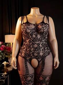 Women's Floral Lace Mesh Crotchless Bodystocking - Black - View 4