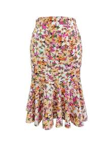 Plus Size Floral Print Bodycon Fishtail Mini Skirt, High Waist Design With Ruffle Hem, Elastic Waistband For Slimming Fit, Suitable For Spring And Summer Vacation - Orange - View 2