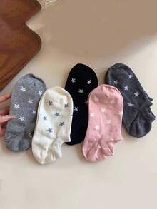 5双装女士夏季休闲袜，星形印花防滑透气短袜，时尚袜子 - 彩色 - 查看 8