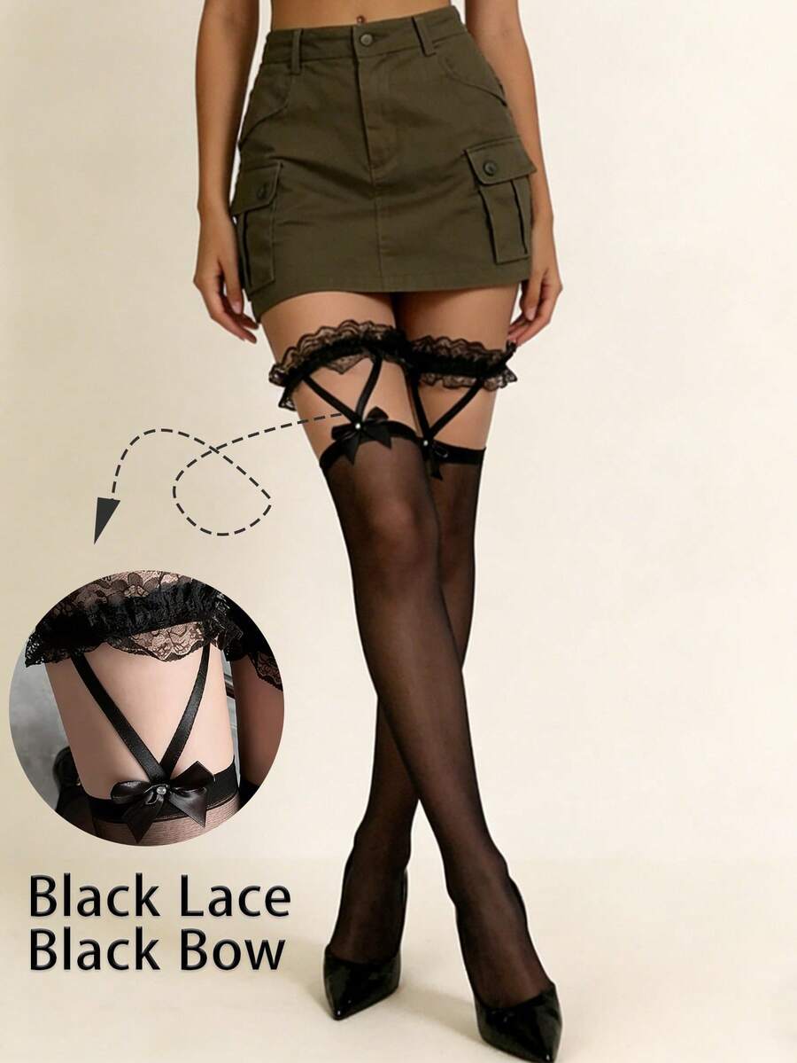 1双 Pure Desire Y2K 水钻蝴蝶结蕾丝吊袜带过膝黑色丝绸女士超薄防勾丝高弹通勤约会街头按扣多功能 - 彩色 - 查看 1