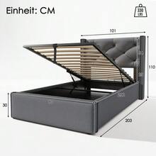 Upholstered Hydraulic Single Bed 90x200cm, Metal Slatted Base, Modern Bed Frame With Storage Space, Cotton, Grey - Grey - View 2