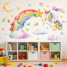 Magical Unicorn Rainbow Wall Sticker Set, Flying Unicorn Star Moon Cloud Butterfly Wall Decals, Waterproof Self-Adhesive Bathroom Decor Stickers, Wall Art Decor For Girls Room, Nursery - T3384 - View 3