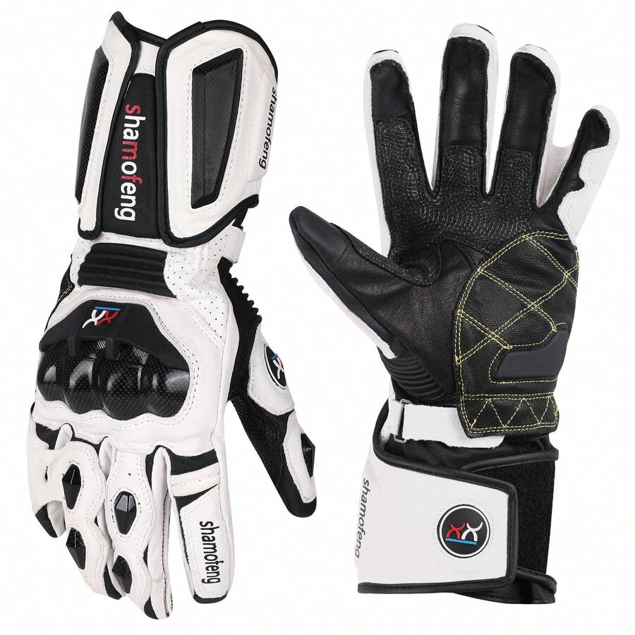 A Pair Of Long Motorcycle Gloves For Racing, Touchscreen Gloves, Winter Off-Road Protective Racing Gloves, Available In M, L, XL Sizes, In Black And White, Suitable For All Seasons - 白色 - 查看 1