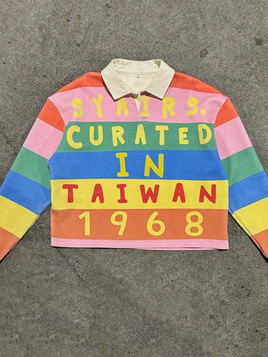 Men's Multicolor Stripe Polo Shirt With Retro Typography & Y2K Style - Long Sleeve Vintage Streetwear Top - 20 - 查看 1