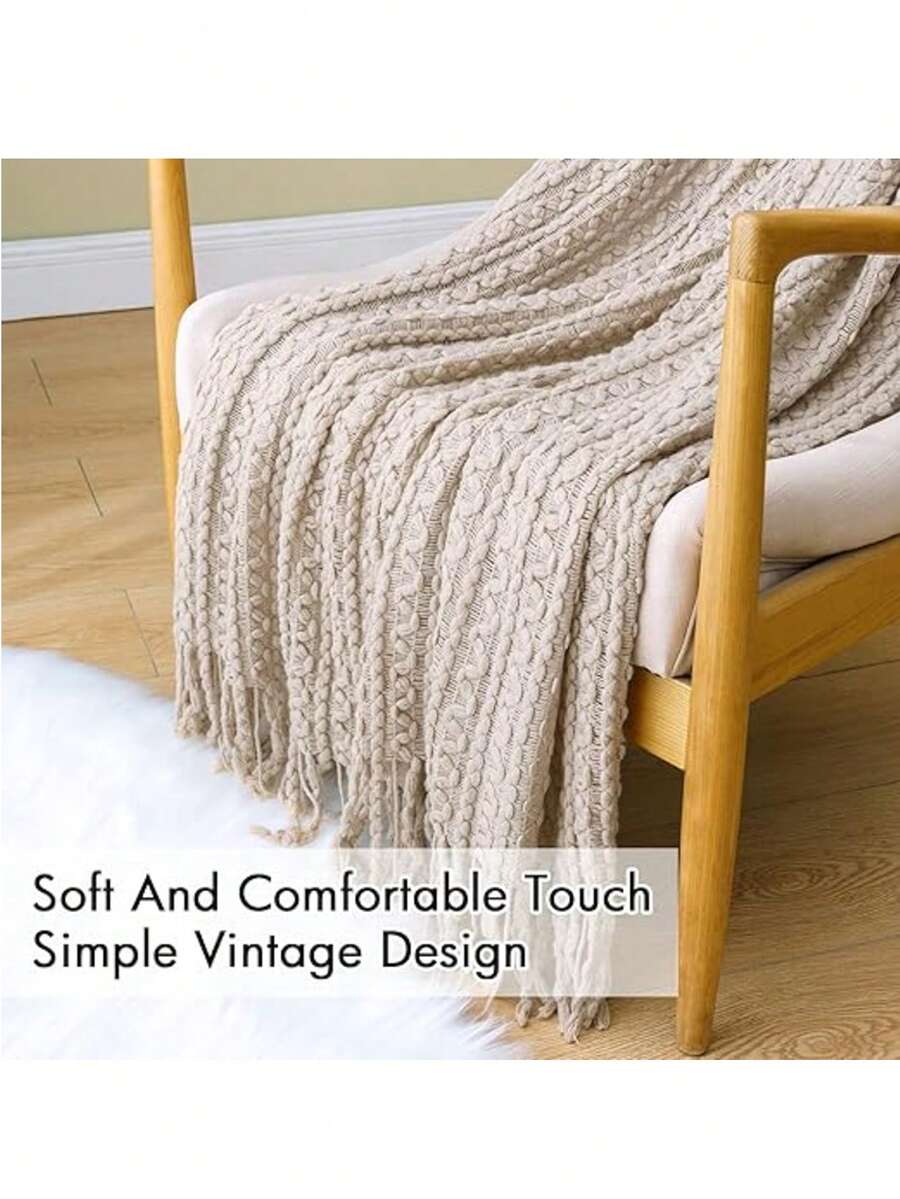 1pc Beige Sofa Blanket, Soft Textured Knitted Throw With Tassels, Comfortable Woven Bohemian Decorative Blanket, Lightweight & Breathable For Sofa, Bed, Chair, Wave Pattern, All Seasons - Beige - View 1