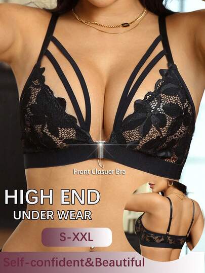 女士花卉蕾丝拼接无钢圈文胸，舒适休闲运动文胸，透气背部设计