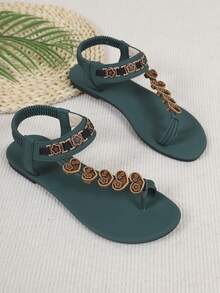 1 Pair Vintage Flower Decorated Thong Sandals, Featuring Wooden Texture Flower Decor And Toe Strap Design - Green - View 7