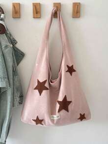 星形印花手提包，少女粉色单肩包，休闲大容量腋下包 - 粉色 - 查看 2