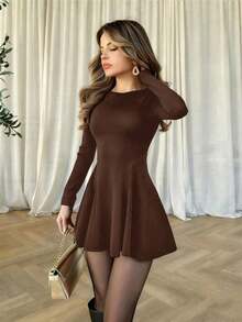 Đầm xòe dài tay màu trơn thắt eo dành cho nữ hiệu Vuslat, đầm dài tay thắt eo, đầm đen ôm dáng xòe, gợi cảm, tối giản, thường ngày, đa năng, đầm ngắn xếp ly phù hợp cho kỳ nghỉ, hẹn hò, đám cưới, tiệc tùng, ngày Valentine. - màu nâu - Xem 5