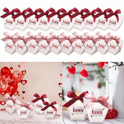 10 hộp quà cưới, hộp quà in hình thư tình, hộp quà giấy trang trí nơ đỏ/hồng, thích hợp cho tiệc cưới.