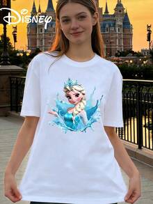 Women Disney Frozen Elsa Print Regular Fit Cotton Short Sleeve Round Neck Casual T-Shirt - trắng - Xem 1