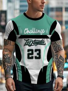 Men's Los Angeles Challenge 23 Graphic T-Shirt, Emerald Green & Black Sports Jersey Design, Stretchy Crew Neck Short Sleeve Casual Sportswear Suitable For Fans And Daily Wear - Multicolor - View 2