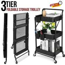 Black Mesh Basket Storage Trolley Foldable 3 Tier Rolling Utility Cart - View 3