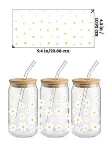 4张/套 16盎司玻璃杯包装UV DTF转印贴纸（9.4x4.3英寸），无需加热，简约可爱碎花雏菊爱心图案，波西米亚风粉彩花朵波点防水贴纸，适用于Libbey玻璃罐DIY工艺品 - Daisy 01 - 查看 5