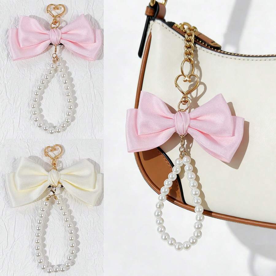 1pc Women's Minimalist Solid Color Casual Girly Bow, Faux Pearl Chain, Heart & Lobster Clasp Keychain, Versatile Accessory For Bags, Outfits, Any Occasion, Great Gift For Best Friend - Multicolor - View 1