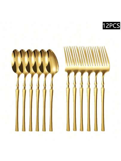 4/6/8/12pcs Stainless Steel Gold Cutlery Set, Suitable For Kitchen, Home, Restaurant, Hotel, Dishwasher