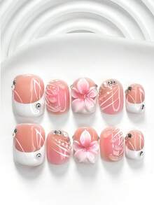 10片装夏季美甲凝胶套装，包含亚克力镶嵌甲片、手工五瓣粉色花朵美甲装饰、手绘纯色水波纹、白色波点、法式边、白色指甲油，以及美甲工具（1张果冻贴+1把指甲锉），三种尺寸可选：方形、短方形、杏仁形 - 彩色 - 查看 15