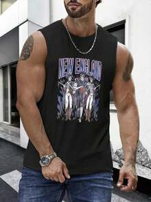 1PC Men's Vest With "NEW ENGLAND" Print Design, 180g Pure Cotton Vest, Seamless, Sweat-Wicking, 100% Cotton, Loose American-Style Tank Top For Sports And Fitness. - Black - View 1