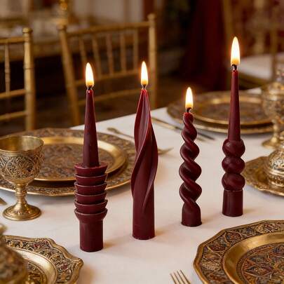 1支勃艮第酒红色艺术螺旋条纹蜡烛，配黑色创意烛台，复古法式风格，适合婚礼季、斋月、家居装饰、圣诞节、新年和情人节等场合作为礼物。