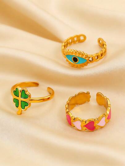 1pc Stainless Steel Ring With Four-Leaf Clover, Heart & Eye Design, Minimalist Casual Elegant Versatile, High-Quality Gift For Friends, Suitable For Women's Daily, Party, And Event Wear