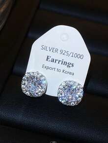 1 Pair S925 Sterling Silver Square Diamond Stud Earrings, Minimalist Design, Fashionable Versatile Luxury Elegant Earrings Gift For Women - square diamond - View 4