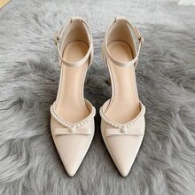 Zapatos de tacón para mujer Zapatos de tacón de aguja con punta cerrada, adorno de perlas y delicado cierre con broche de lazo. Elegantes zapatos de novia con un aire de cuento de hadas. - Albaricoque - Ver 4