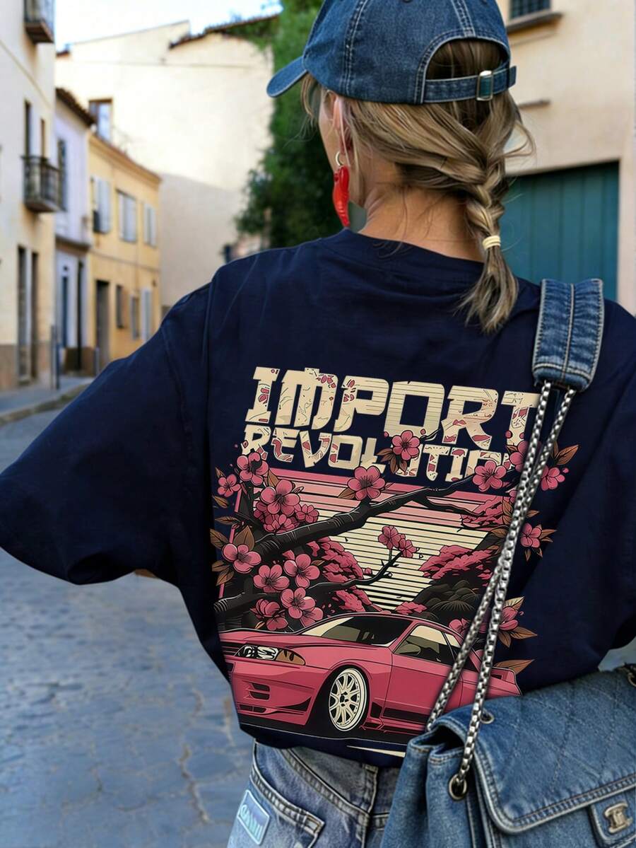 Summer New Casual Funny Racing Car & Flower Print Round Neck Short Sleeve T-Shirt, Fashionable Versatile Women's Top - Navy - View 1