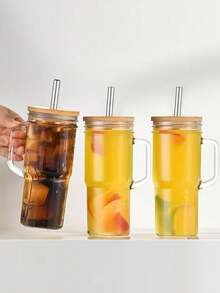1个竹纹杯套装，含杯刷、不锈钢吸管和高品质玻璃饮料杯 - 彩色 - 查看 4